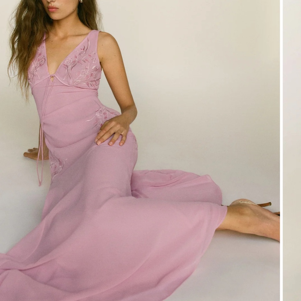 Reformation Dusty Pink Embroidered V-Neck Midi Dress